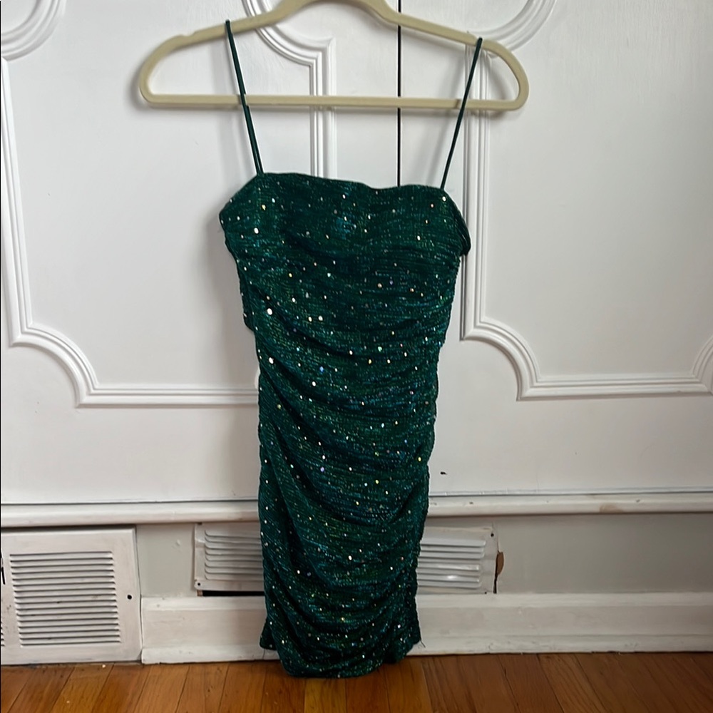Lulu's Green Sequin Ruched Sheath Dress